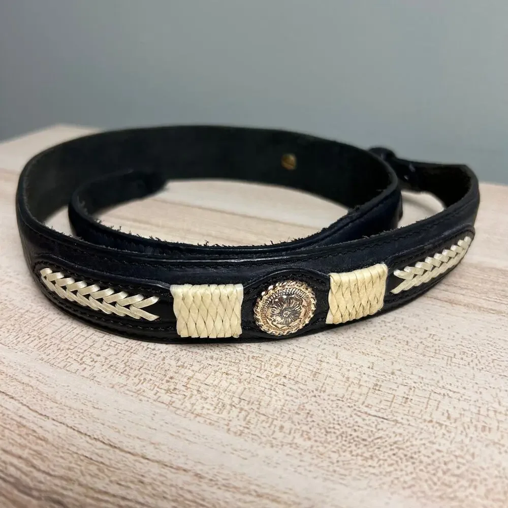 Justin Embroidered Top Grain Leather Waist Belt Tribal Western Black White XS